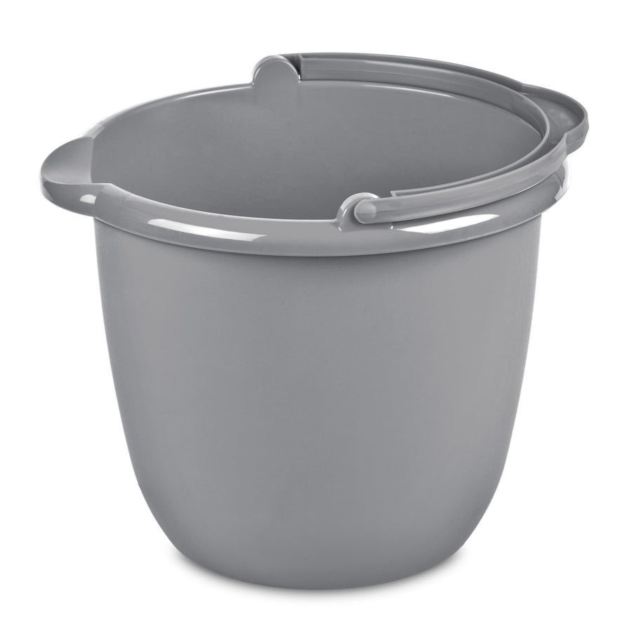 Titanium-gray Sterilite plastic spout pail with integrated handle, shown empty on white background