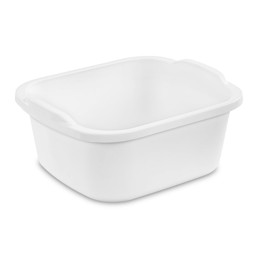 White Sterilite plastic dishpan wash tub shown at a three-quarter angle on white background