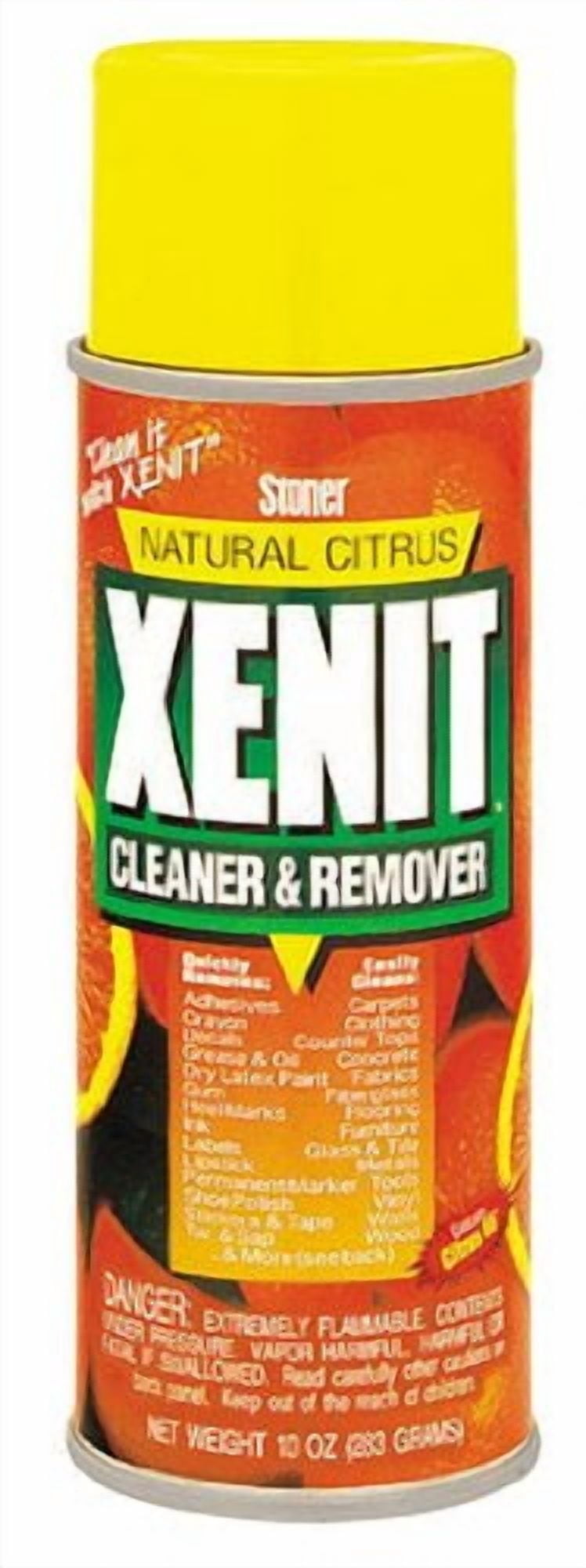 A close-up aerosol can of Stoner XENIT natural citrus cleaner & remover with a yellow cap and bold label.