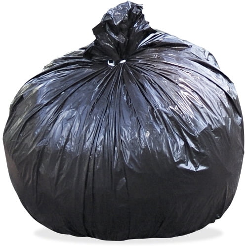 Large tied black trash bag filled and knotted at top on white background