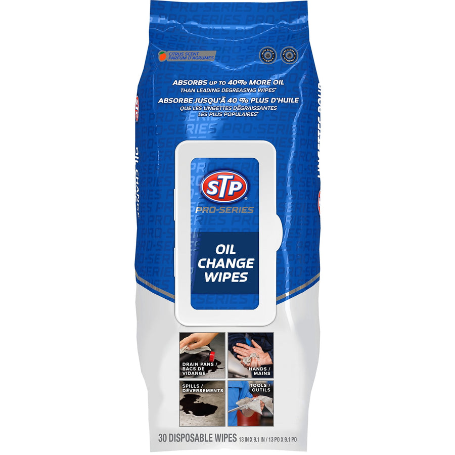Blue and white STP Pro‑Series package of oil change wipes with moisture‑lock lid and product branding visible