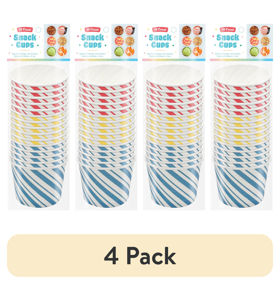 Four vertical stacks of striped disposable paper snack cups in blue, yellow and red, shown with packaging headers