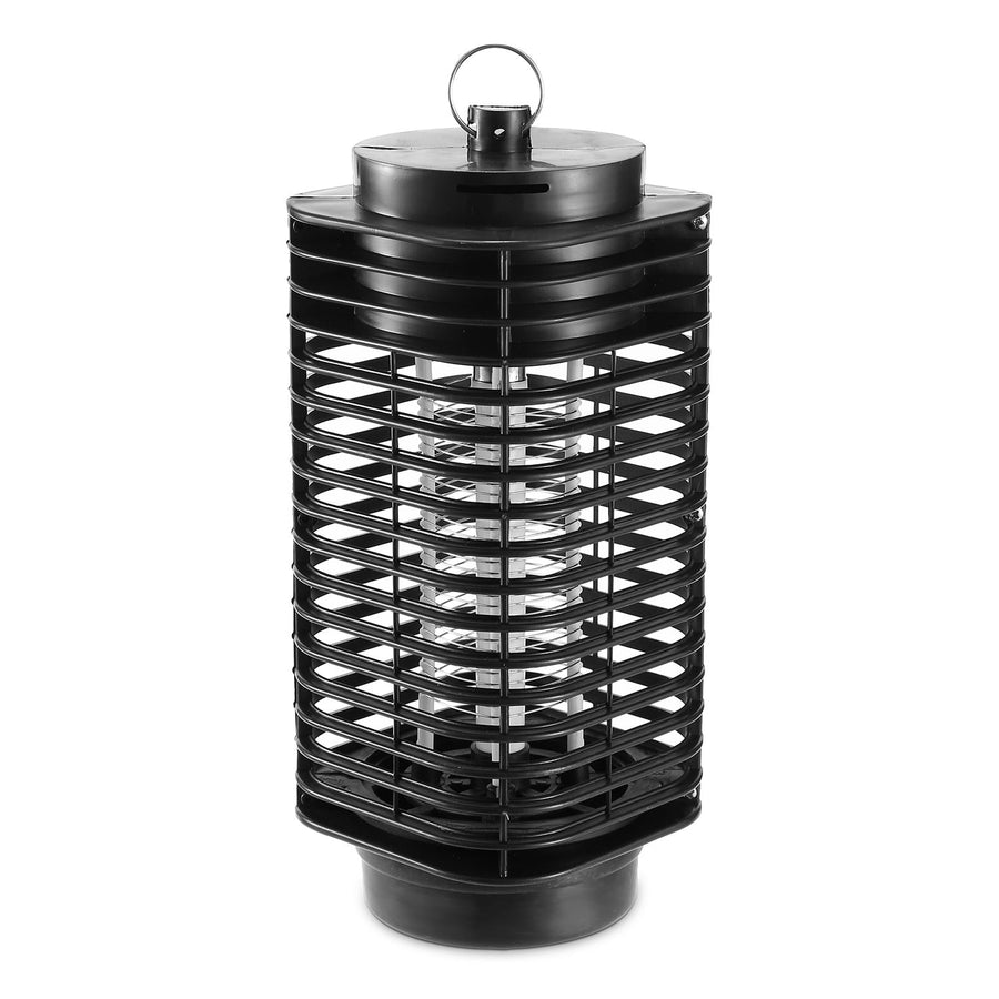Studio product photo of a black cylindrical insect zapper with protective outer grid on a white background