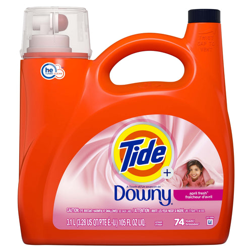 Studio product shot of an orange Tide bottle with a pink Downy label clearly visible on a white background.
