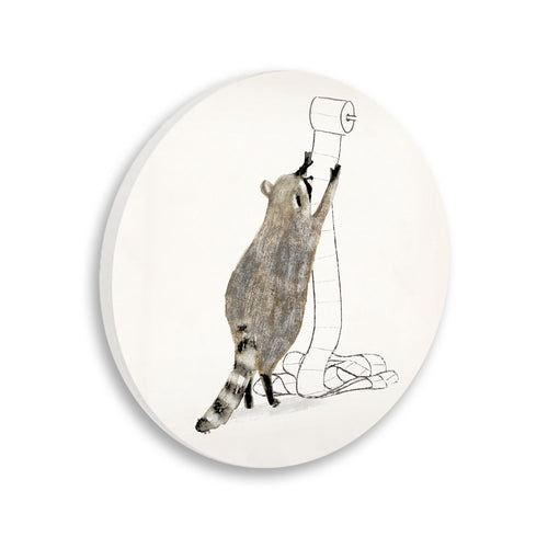 Circular wall plaque showing a raccoon reaching for a roll of toilet paper illustration