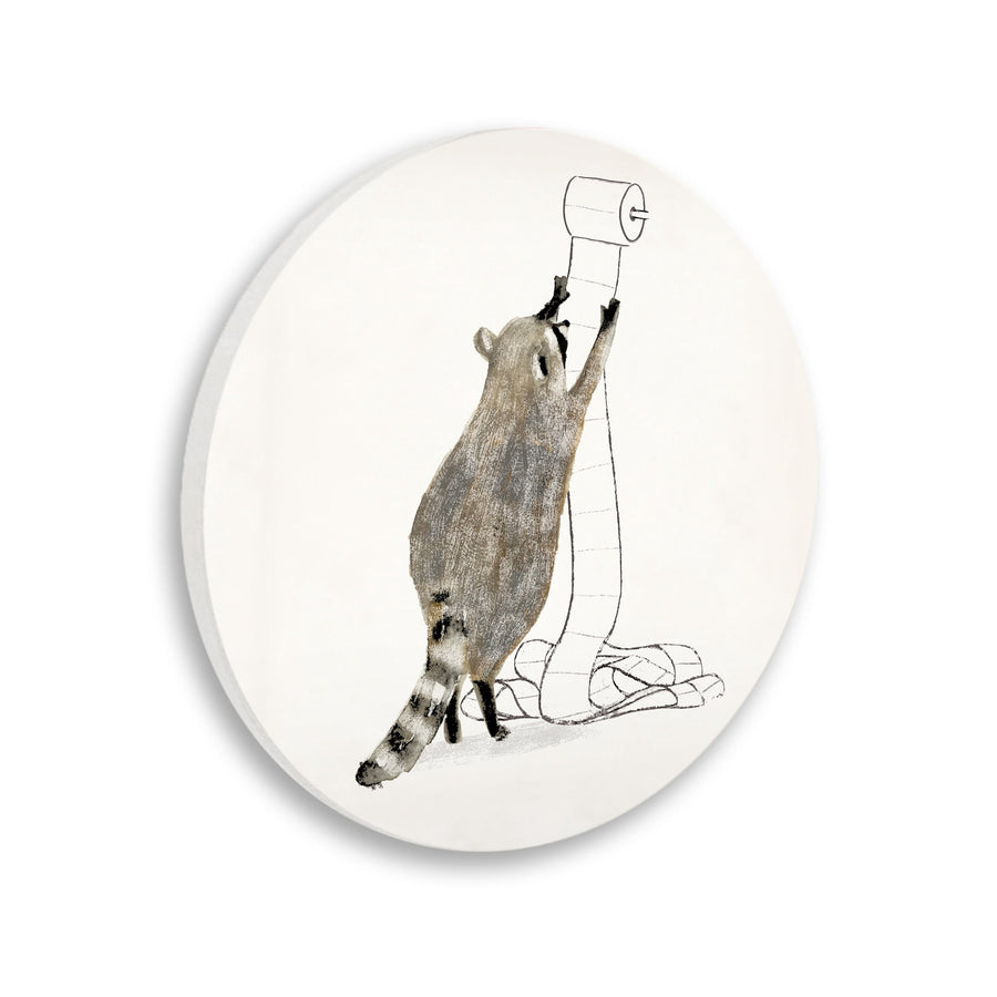 Circular wall plaque showing a raccoon reaching for a roll of toilet paper illustration