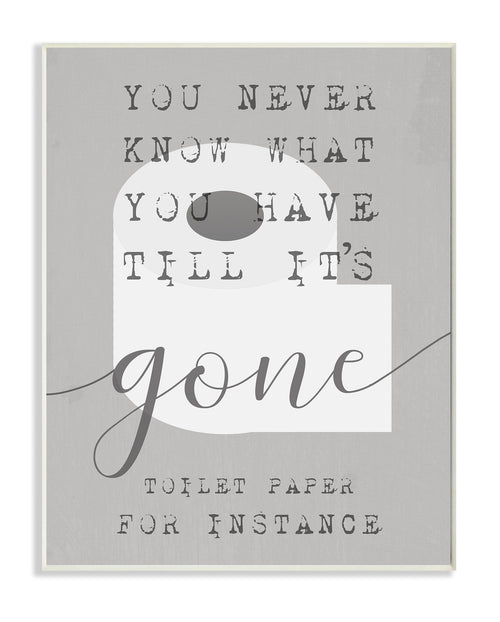 Gray framed art print showing a stylized toilet paper roll and text reading “you never know what you have till it’s gone”
