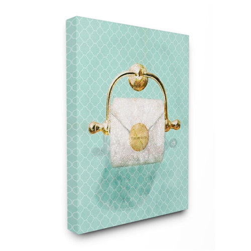 Teal patterned canvas print showing a stylized gold toilet paper holder with a glittery roll and circular gold seal