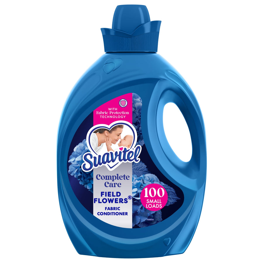 Blue Suavitel Complete Care Field Flowers fabric conditioner bottle with label and handle