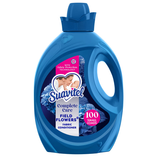 Blue Suavitel Complete Care Field Flowers fabric conditioner bottle with label and handle