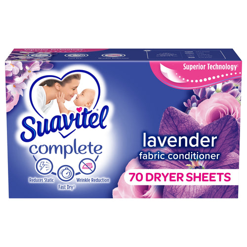 Single Suavitel Complete lavender dryer sheets box showing brand logo, lavender flowers and '70 dryer sheets' callout.