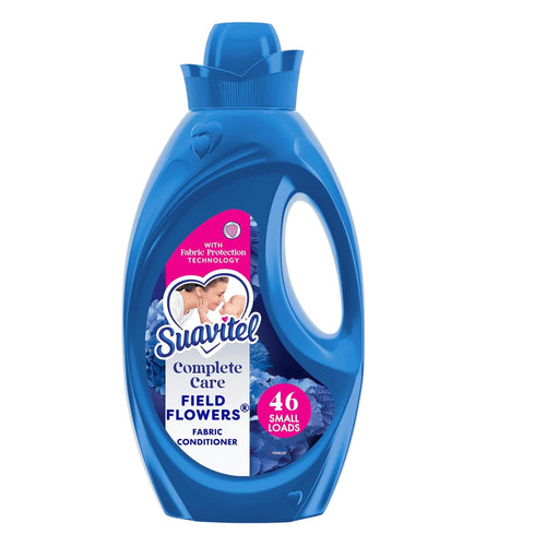 Blue bottle of Suavitel Complete Care Field Flowers fabric conditioner with label showing 46 small loads