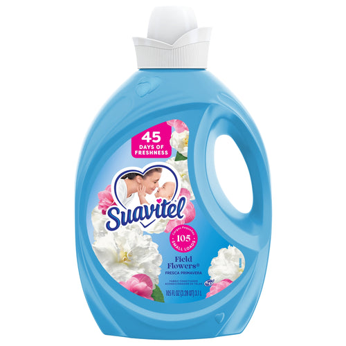 Isolated front view of a blue Suavitel Field Flowers fabric conditioner bottle on white background showing label details