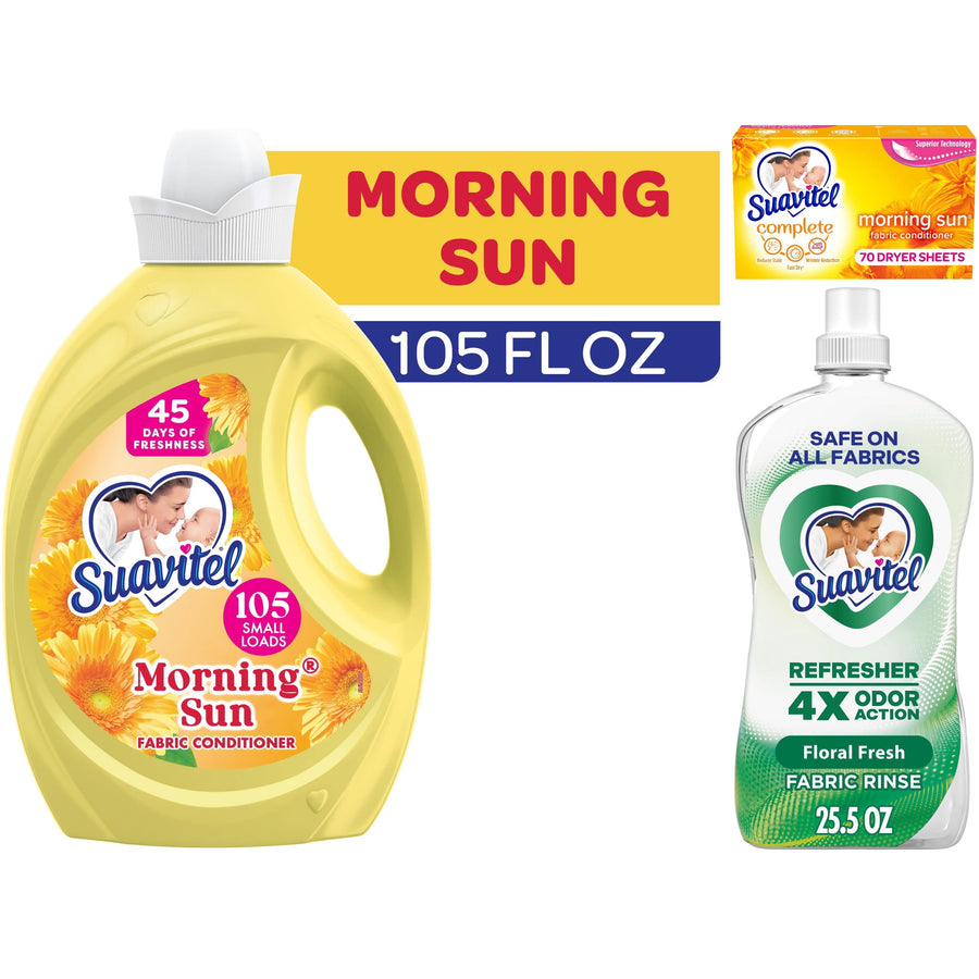 Yellow Suavitel Morning Sun fabric conditioner bottle with label and inset smaller images of dryer sheets and floral fresh rinse on white background