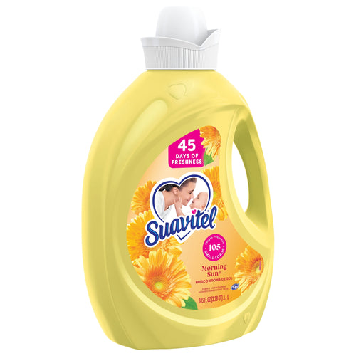 Studio shot of a yellow Suavitel Morning Sun fabric conditioner bottle on a white background showing the front label and cap.
