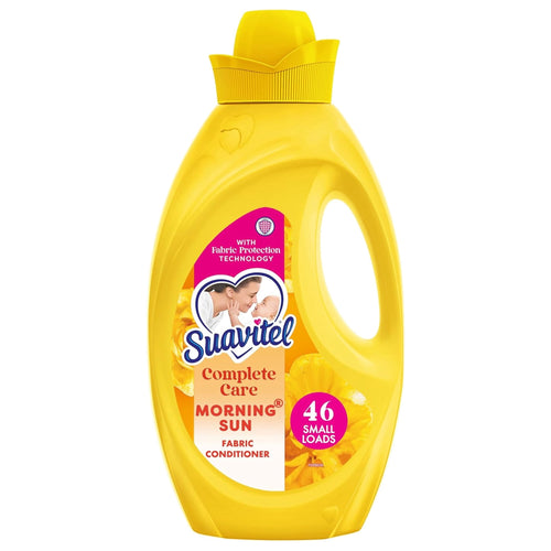 Yellow Suavitel Complete Care Morning Sun fabric conditioner bottle with handle and product label