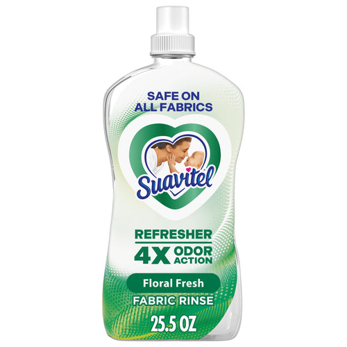 Clear bottle of Suavitel Refresher fabric rinse with green label, heart logo and “4X odor action” text on white background.