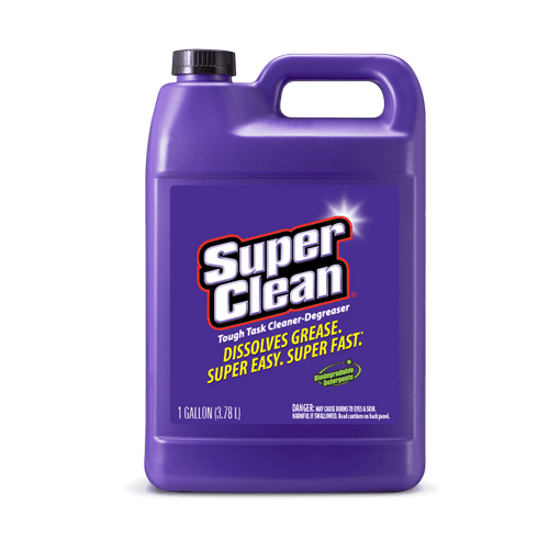 Purple one-gallon Super Clean jug with front label reading Tough Task Cleaner-Degreaser and dissolves grease claim