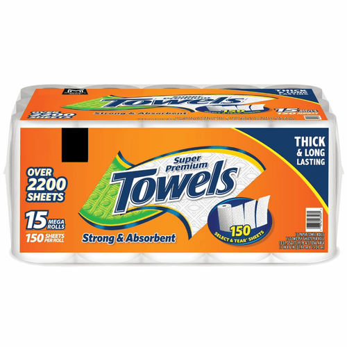 Wrapped pack of Super Premium Towels paper towels with orange packaging showing 15 mega rolls and 150 sheets callout