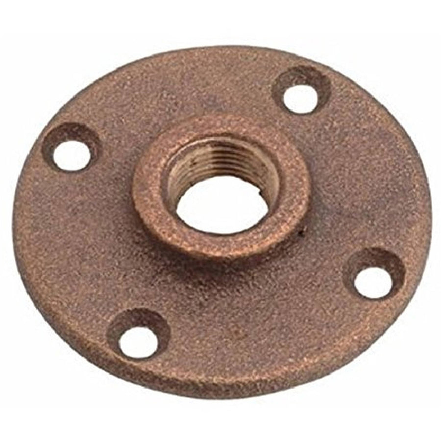 Round threaded brass floor flange with a central female 1" pipe thread and four mounting holes, antique finish