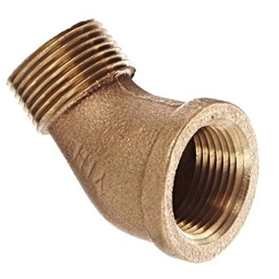 Close-up of a lead-free brass 45° street elbow plumbing fitting with male and female threaded ends
