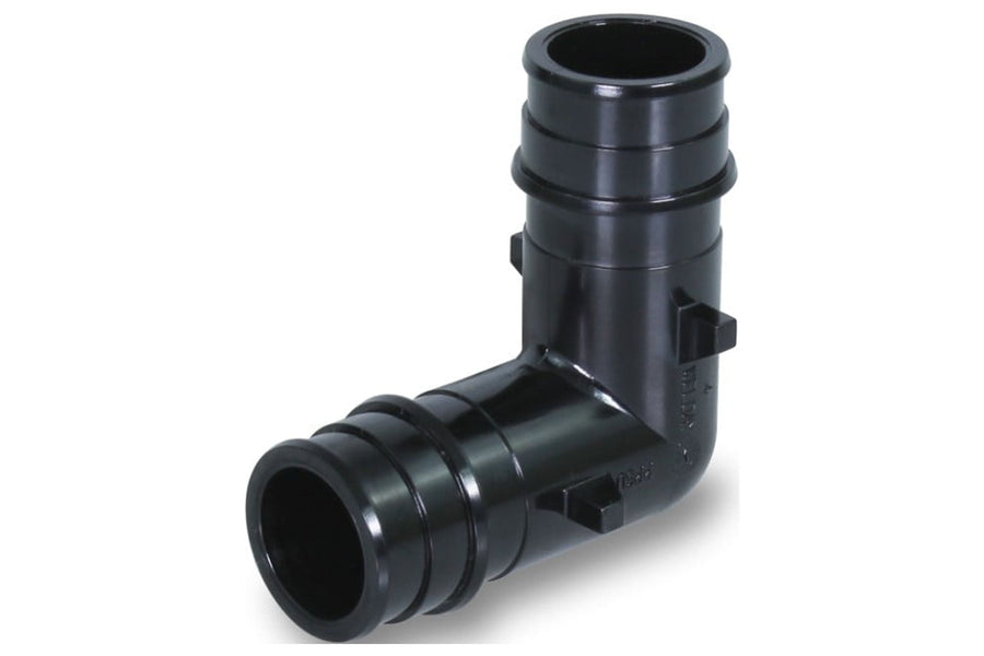 Supply Giant PEX-A black 90° plastic elbow pipe fitting shown on a white background with expansion barb ends