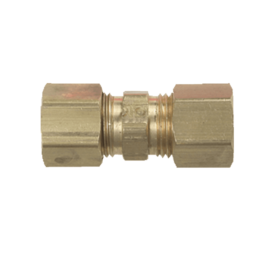 Close-up of S.U.R.&R. K250 brass compression union fitting showing hexagonal end nuts and central ferrule