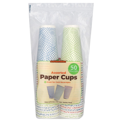 Clear plastic bag of Sustainables branded assorted 16 oz paper cups with front label showing three cup patterns and a green 50-count badge.
