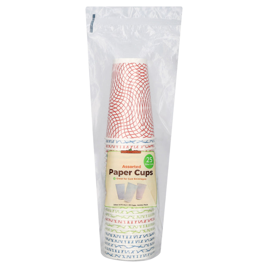 Clear plastic bag with a stacked set of Sustainables assorted paper cups and visible product label