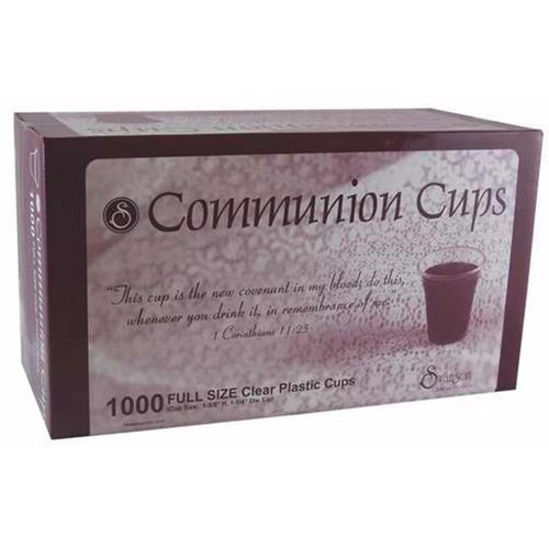 Box of Swanson Communion Cups with maroon label reading 'Communion Cups' and 1000 count