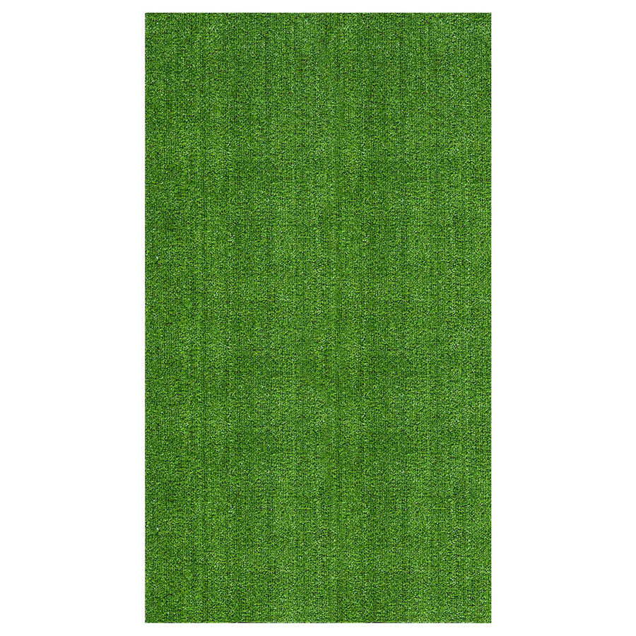 Close-up rectangular panel of uniform bright green artificial turf shown on a white background, texture visible.