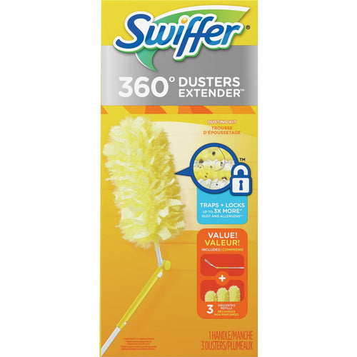 Front view of Swiffer 360° Dusters Extender retail box showing product image and branding