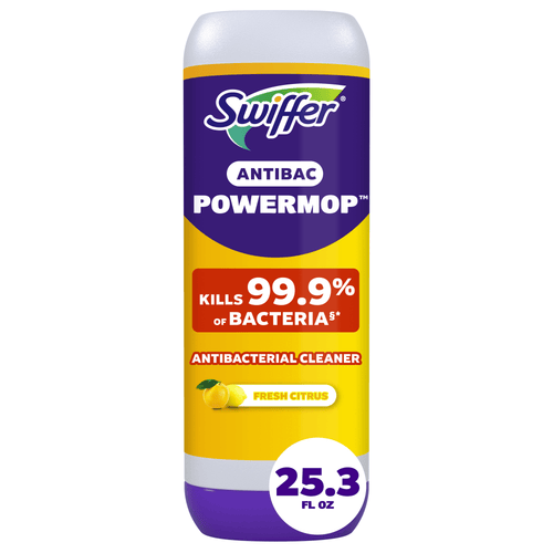 Front-facing Swiffer Antibac PowerMop refill bottle with lemon graphic and 25.3 fl oz callout