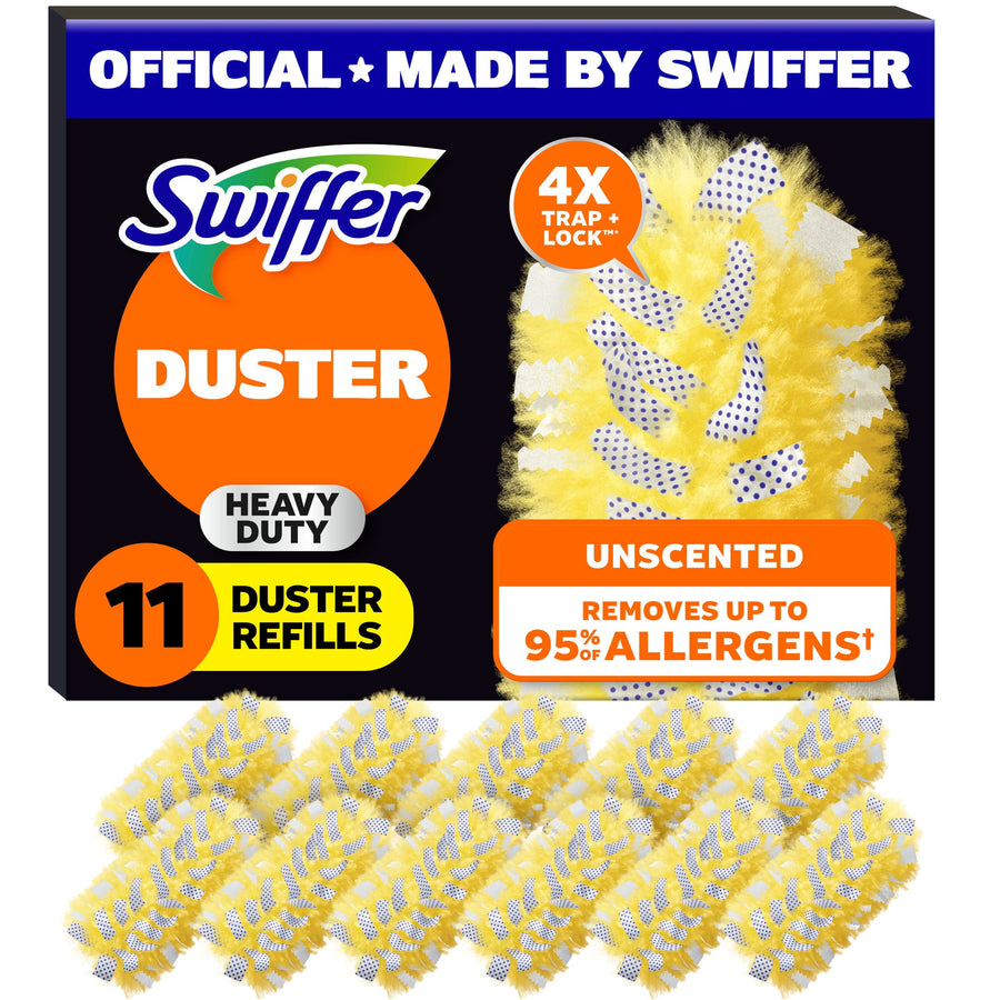 Front-facing product packaging showing Swiffer Duster heavy-duty refill box with yellow refill heads pictured