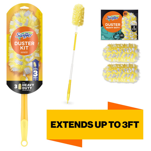 Swiffer Duster kit with yellow handle, packaged refill head, extension pole and graphic stating extends up to 3 ft