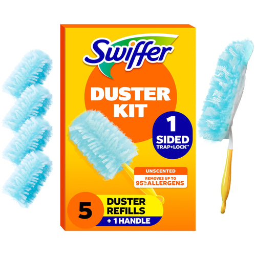Front-facing Swiffer Duster Kit box with blue refill head and yellow handle shown, bright orange packaging