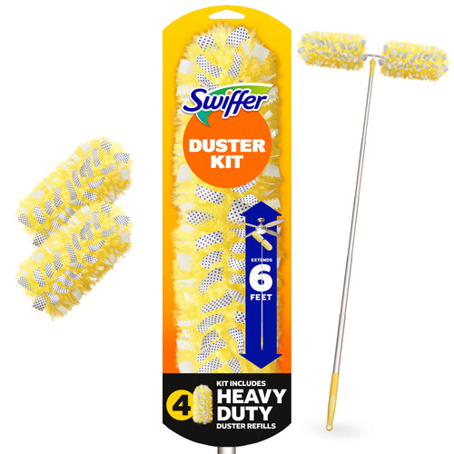 Yellow Swiffer duster refill pack with packaging text 'Duster Kit' and an extendable handle shown alongside a refill.