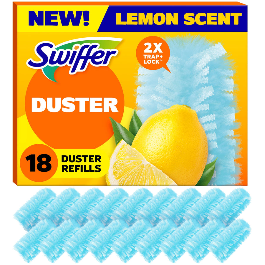 Front-facing Swiffer Duster lemon-scent boxed packaging with lemons and blue microfiber refill display