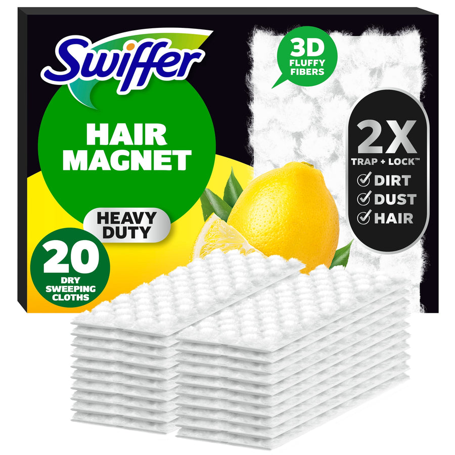 Box of Swiffer Hair Magnet heavy duty dry sweeping cloth refills with lemon imagery and stacked cloths in front