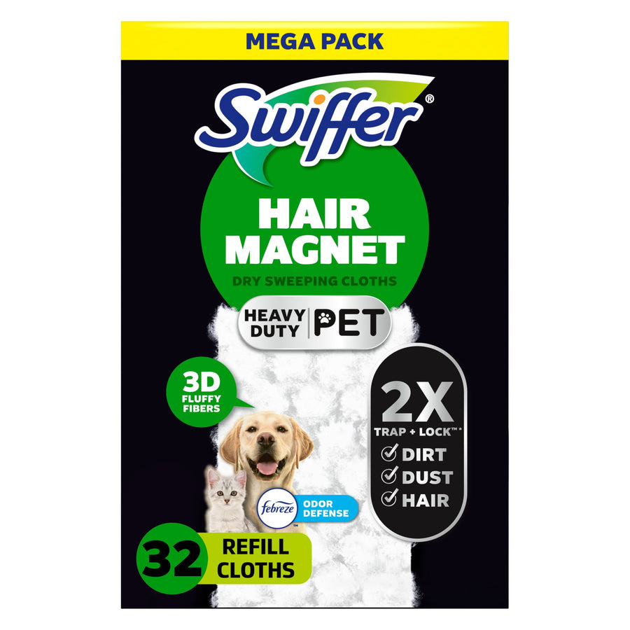 Front of Swiffer Hair Magnet heavy duty pet refill pack with dog and cat image and 32 refill cloths callouts