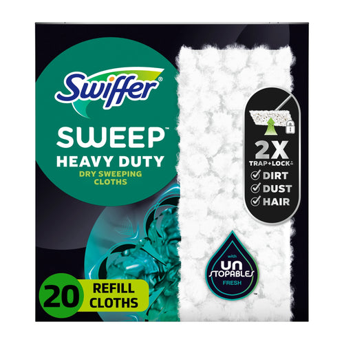 Front packaging of Swiffer Sweep heavy duty dry sweeping cloths with Unstopables logo and visible textured pad