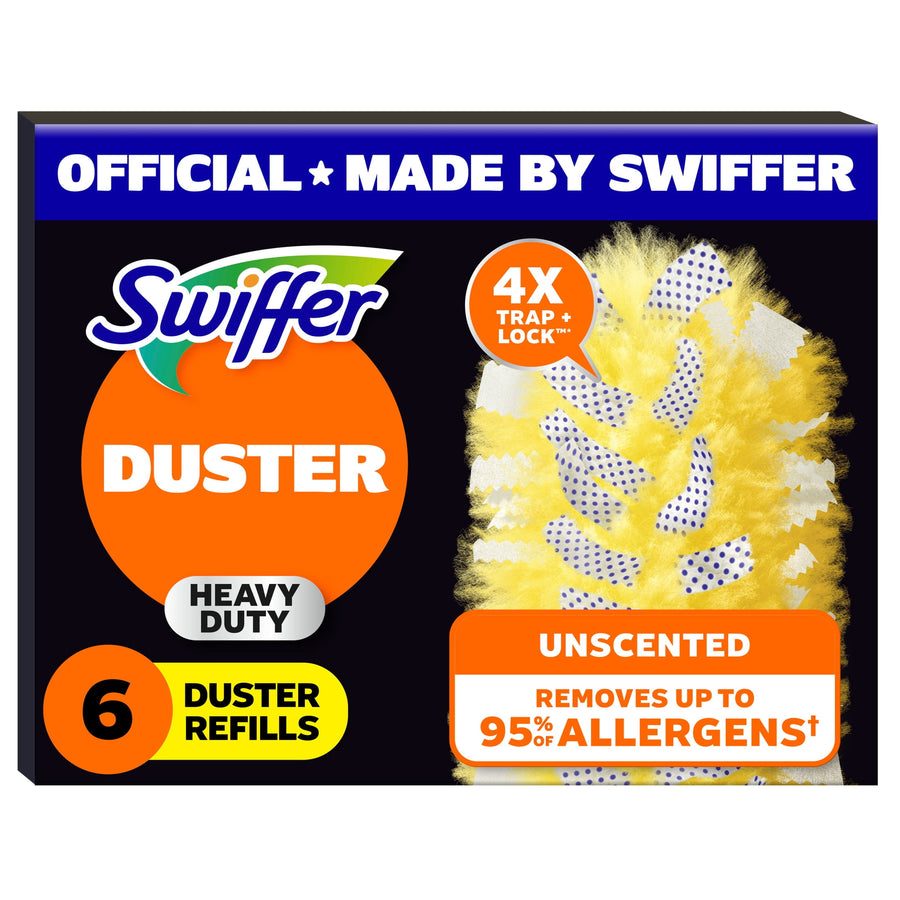 Front-facing Swiffer Duster heavy duty refill package with orange branding and a close-up of a yellow duster head