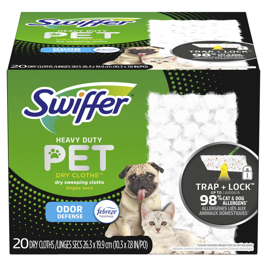 Front-facing product box of Swiffer Heavy Duty Pet dry cloths with dog and cat image and Trap + Lock graphic