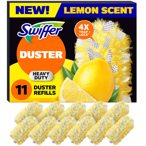 Boxed Swiffer Duster heavy duty lemon-scent refill packaging with lemon image and yellow dusters