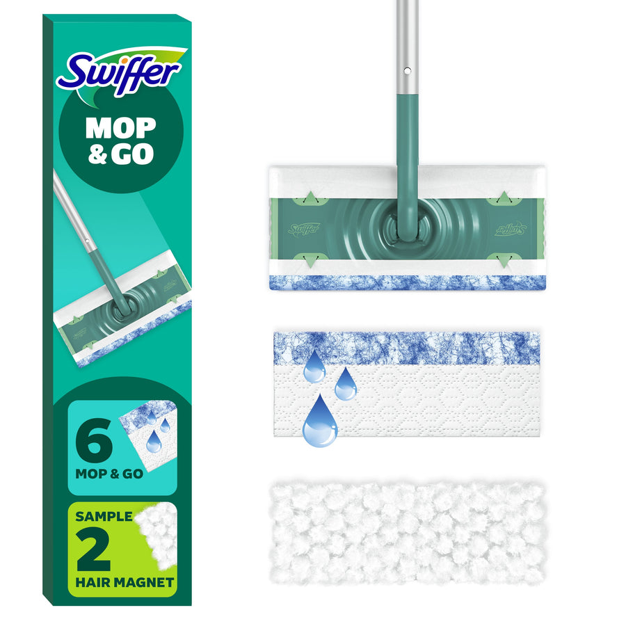 Swiffer Mop & Go device and three cloth types shown with packaging strip and water droplet graphic on white background.