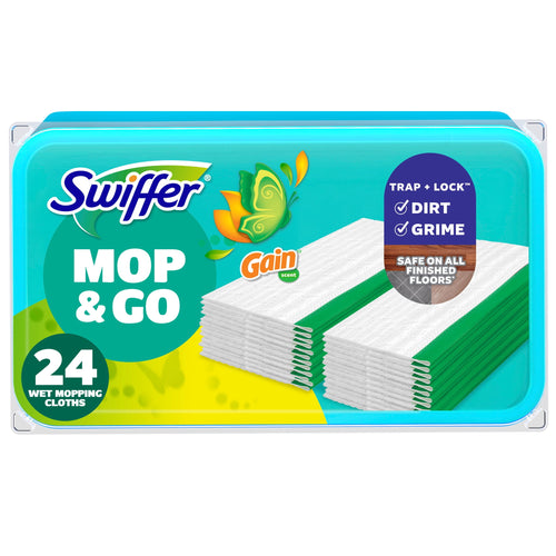 Single Swiffer Mop & Go Gain wet mopping cloth package with 24 wet mopping cloths label and trap-and-lock badge