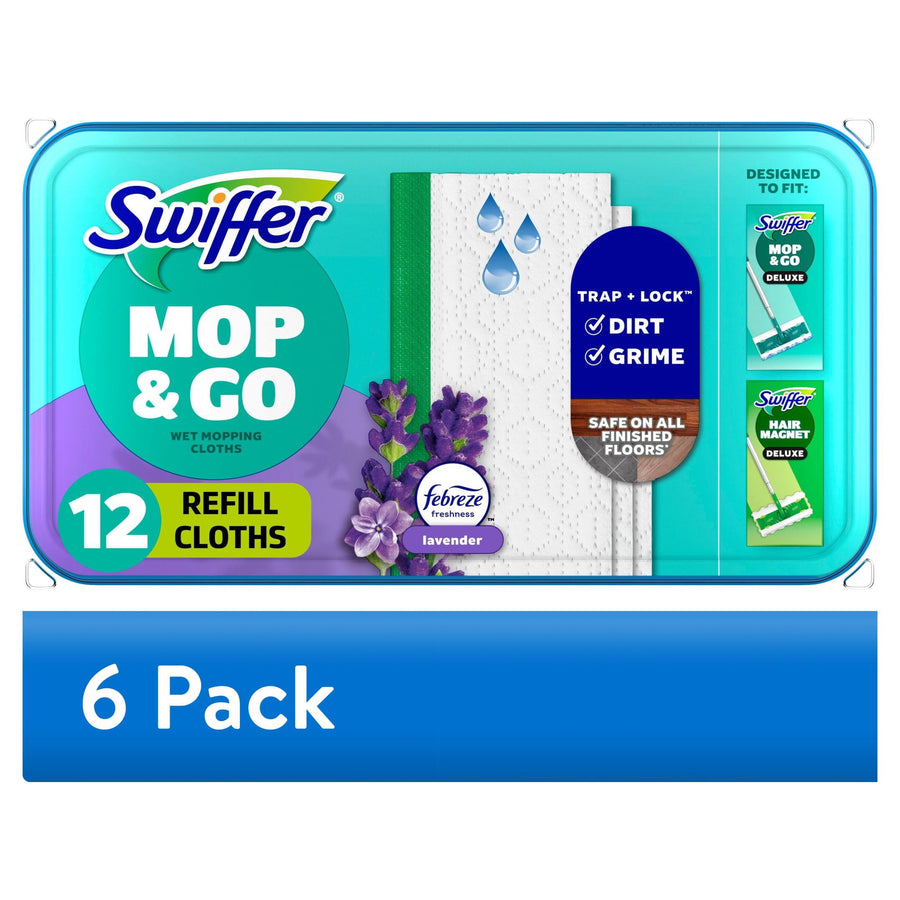 Swiffer Mop & Go lavender refill cloths package showing 12 refill cloths, brand logo and lavender imagery on teal tray