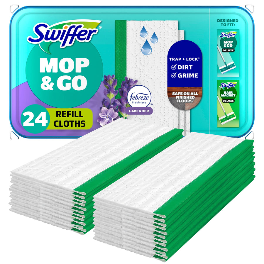 Close-up product shot of Swiffer Mop & Go lavender refill cloths with stacked white cloths and green trim beside the package.