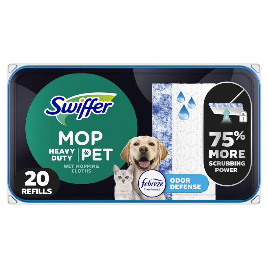 Close-up of a Swiffer Mop Heavy Duty Pet wet mopping cloths package with dog and cat images and 20 refills callout