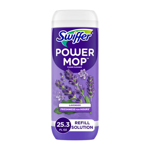 Swiffer Power Mop lavender refill solution bottle with purple label and lavender illustration on white background